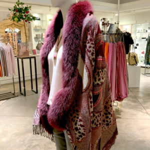 Burgundy fur wrap with sequins at Dovecote