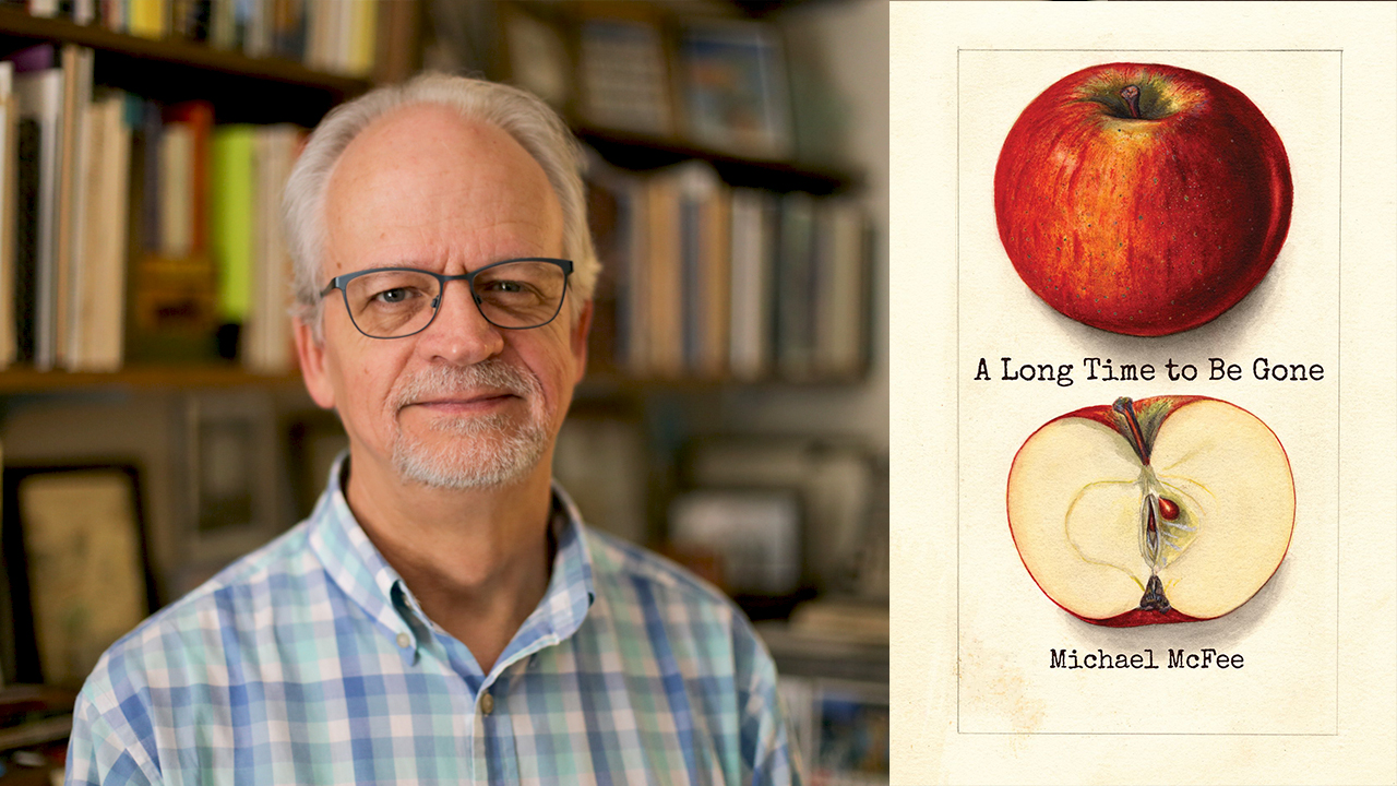 michael mcafee with book jacket for "a long time to be gone"