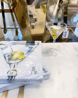 A perfect gift for your favorite sophisticated drinker, whimsical cocktail napkins and a corresponding ornament--adorable!​​​​​​​​
​​​​​​​​
​​​​​​​​
#shakennotstirred #martini #ginmartini #vodkamartini #dirtymartini #olive #holiday #festive #whimsical #cute #fun #giftidea @fearrington_house
